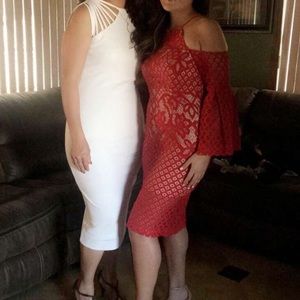 Red Bardot dress, nude sewn in lining, so it will not ride up.